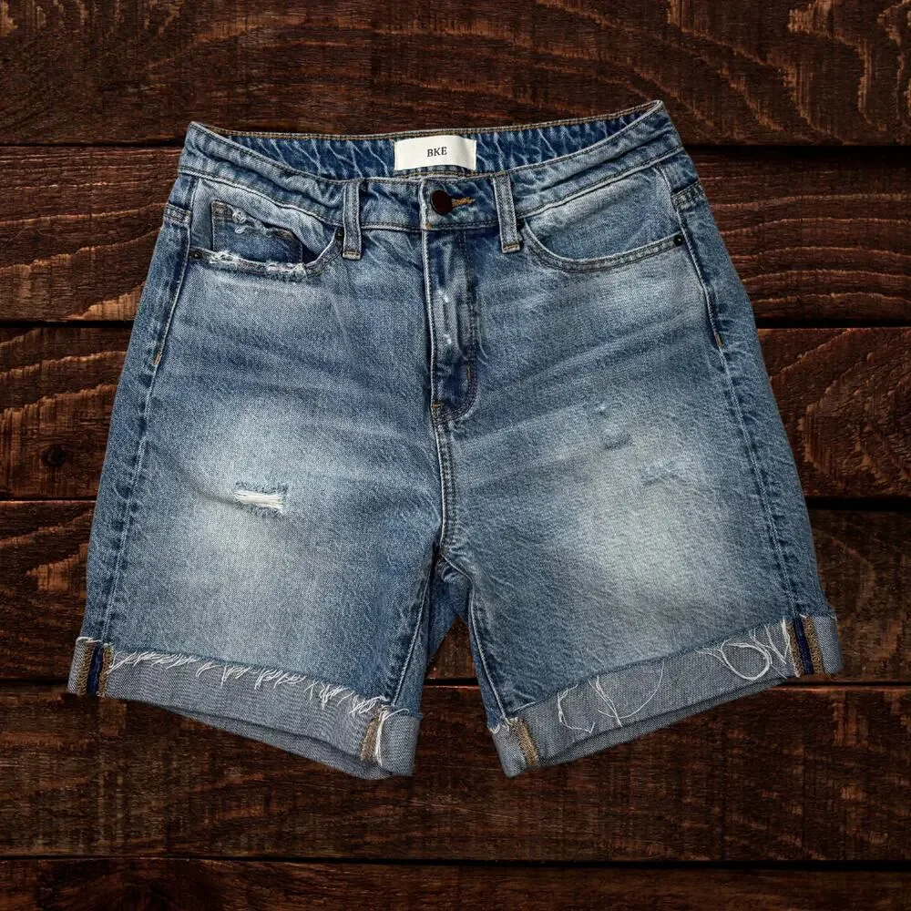 BKE Parker Cuffed High Rise Distressed Bermuda Denim Shorts Size 25